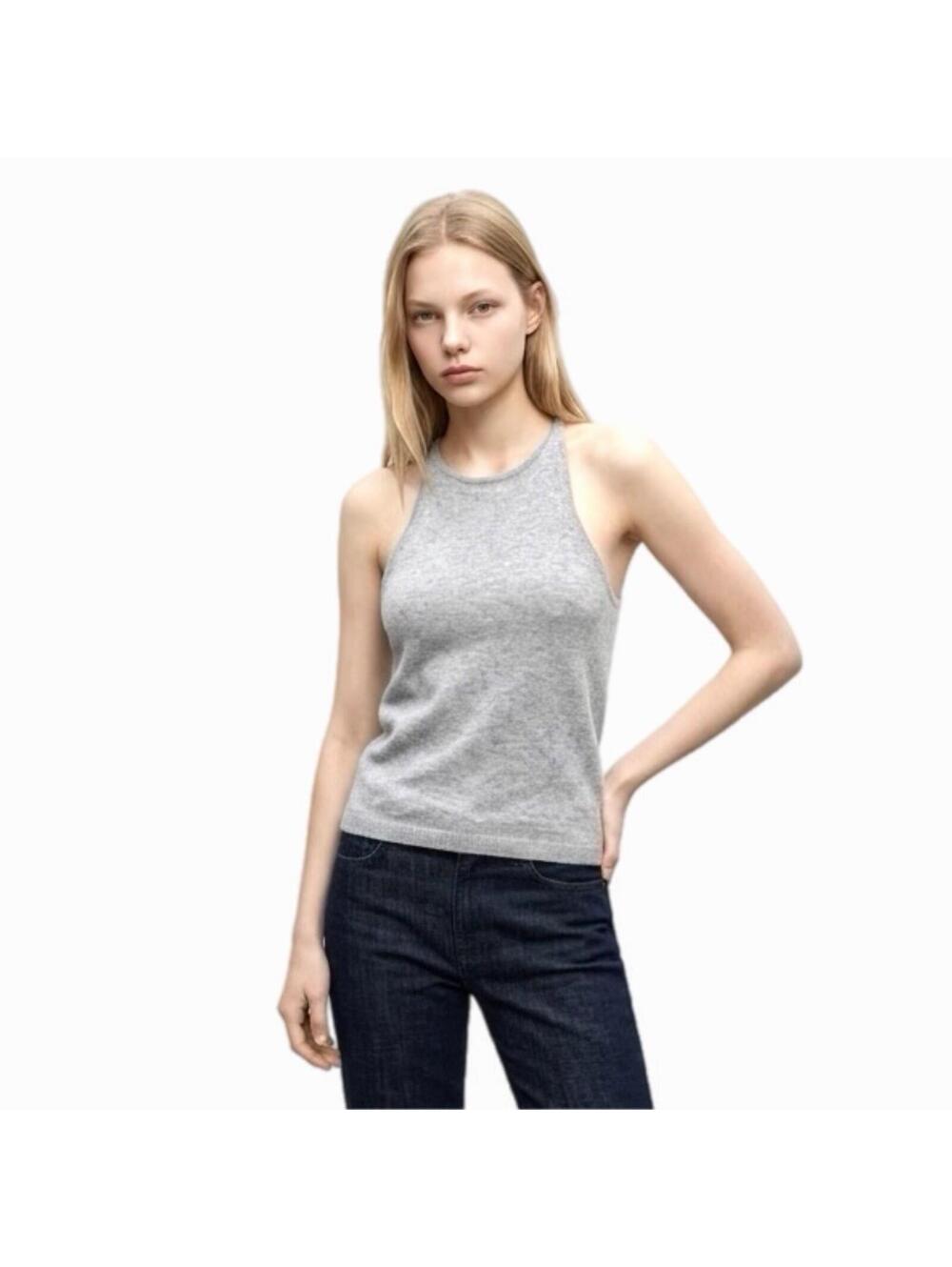 Staud Ayana Ribbed-Knit Grey Tank Top - Medium
